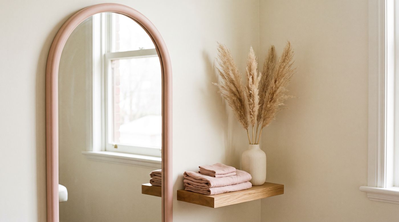 Studio corner with an arched pink mirror, towels and pampas grass