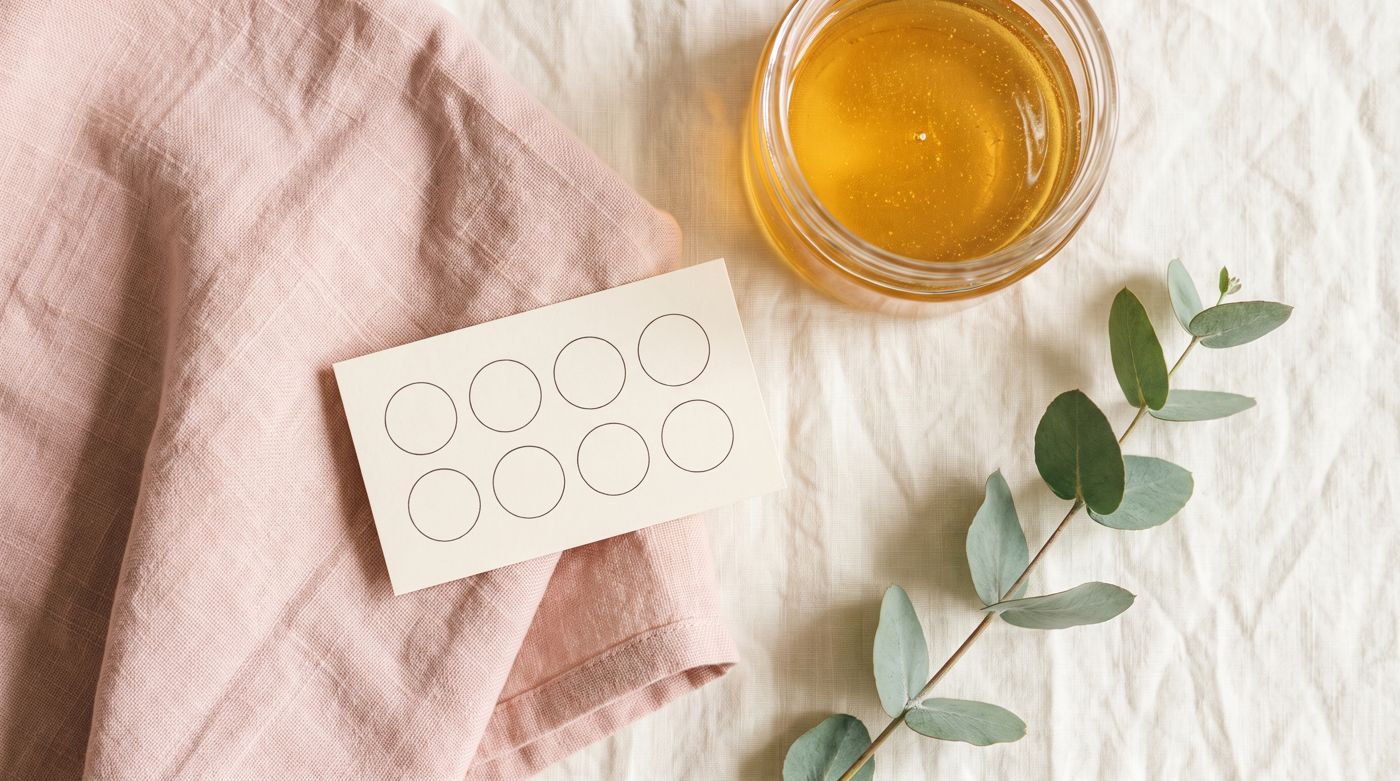 Loyalty card with stamp circles next to a jar of sugar paste